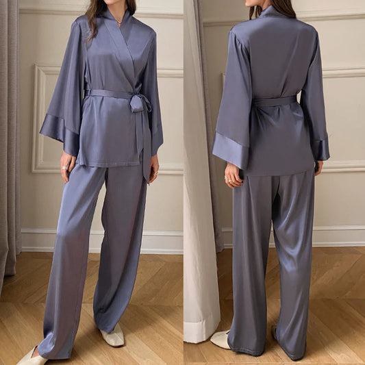 Satin Loungewear Two Piece Set with Long Sleeves for Women - Ideal for Meditation