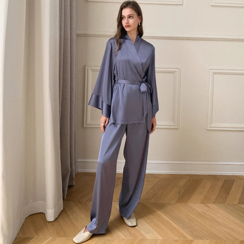 Satin Loungewear Two Piece Set with Long Sleeves for Women - Ideal for Meditation